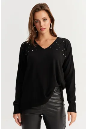 Kadın Siyah V Yaka Taşlı İnce Triko Bluz YİL002