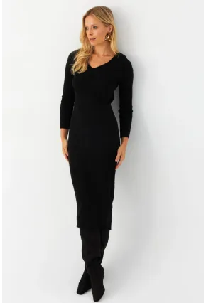 Kadın Siyah V Yaka Triko Midi Elbise YİL560