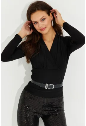 Kadın Siyah Vatkalı Kruvaze Bluz LPP1235