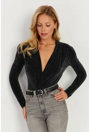 Kadın Siyah Vatkalı Kruvaze Çıtçıtlı Bodysuit GÇ151