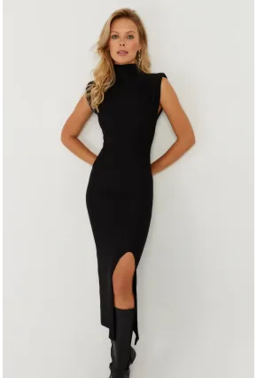 Kadın Siyah Vatkalı Yırtmaçlı Midi Elbise MON120