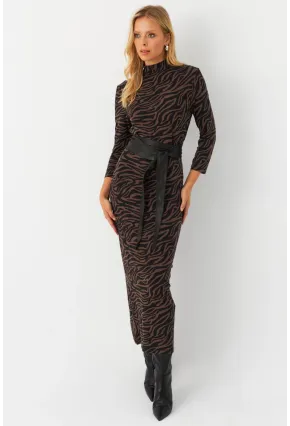 Kadın Siyah-Vizon Desenli Midi Elbise MLPP400