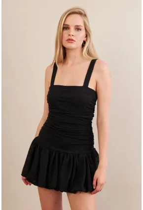 Kadın Siyah Volanlı Astarlı Mini Tül Elbise KED7316