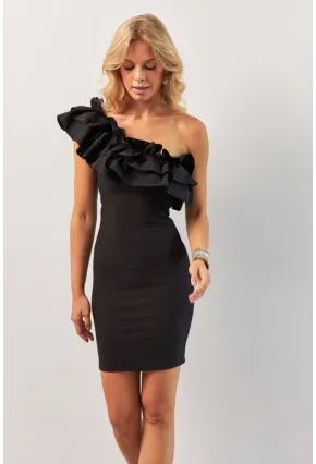 Kadın Siyah Volanlı Mini Elbise KED4294