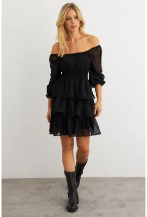 Kadın Siyah Volanlı Şifon Mini Elbise KSD2831