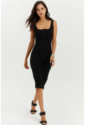 Kadın Siyah Yaka Düğmeli Kaşkorse Midi Elbise CG237