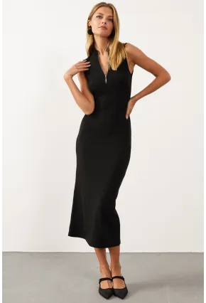 Kadın Siyah Yakası Fermuarlı Kolsuz Kaşkorse Elbise Yİ1959