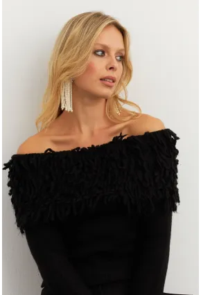 Kadın Siyah Yakası Sakallı Madonna Bluz KZ542