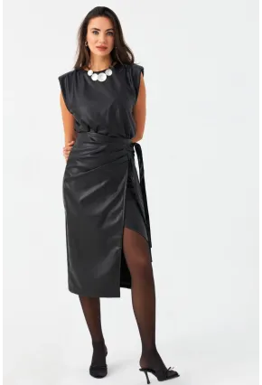 Kadın Siyah Yandan Bağlamalı Kruvaze Suni Deri Etek NH94