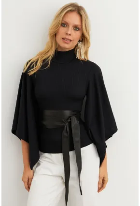Kadın Siyah Yarasa Kol Balıkçı Bluz MTF32