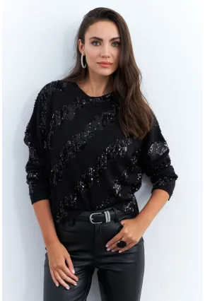 Kadın Siyah Yarasa Kol Payetli Triko Bluz PP6435