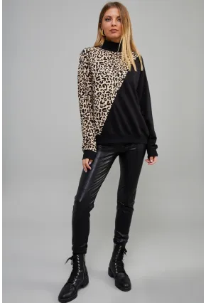 Kadın Siyah Yarım Balıkçı Bloklu Leopar Sweatshirt Yİ1991