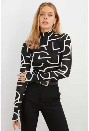 Kadın Siyah Yarım Balıkçı Desenli Bluz LPP1133