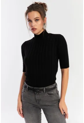 Kadın Siyah Yarım Balıkçı Triko Bluz YV287