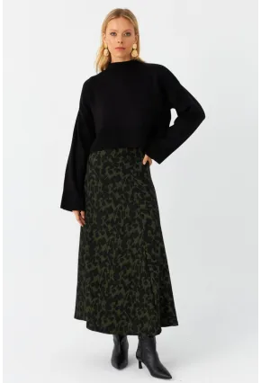 Kadın Siyah-Yeşil Desenli Çan Etek LON3007