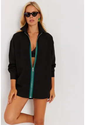 Kadın Siyah Yeşil Fermuarlı Uzun Gömlek SF1317