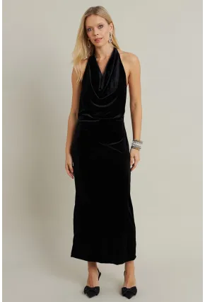 Kadın Siyah Yılbaşı Degaje Yaka Uzun Elbise GÇ197