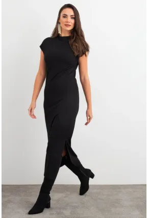 Kadın Siyah Yırtmaçlı Basic Midi Elbise AYD408