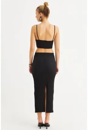 Kadın Siyah Yırtmaçlı Bürümcük Midi Etek ZH329