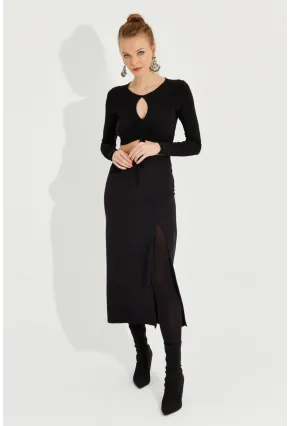 Kadın Siyah Yırtmaçlı Fermuarlı Midi Etek YEL221370