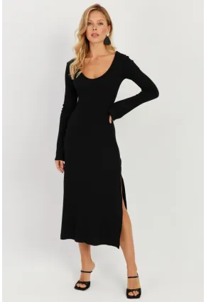 Kadın Siyah Yırtmaçlı Kaşkorse Midi Elbise EY2702