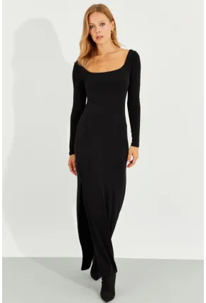 Kadın Siyah Yırtmaçlı Maxi Elbise MEN2007