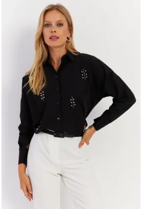 Kadın Siyah Zımbalı Gömlek MASF1