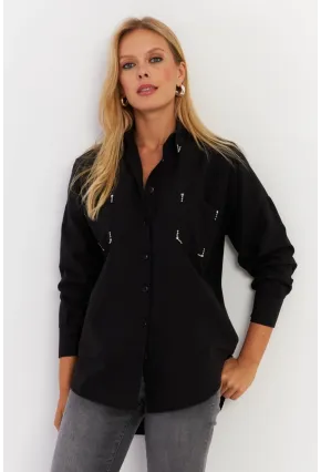 Kadın Siyah Zımbalı Gömlek MASF2