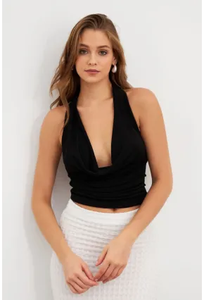 Kadın Siyah Zincir Aksesuarlı Degaje Yaka Bluz MTK13443