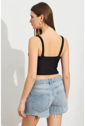 Kadın Siyah Zincir Askılı Astarlı Crop Bluz LİT109
