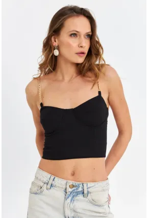 Kadın Siyah Zincir Askılı Crop Bluz LİT100
