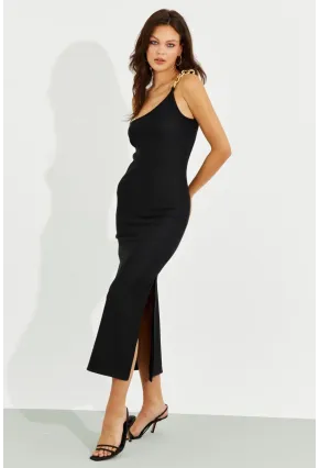 Kadın Siyah Zincir Detaylı Tek Omuz Midi Elbise RMZ21065