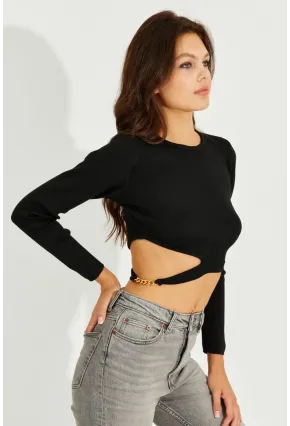 Kadın Siyah Zincir Detaylı Triko Crop Bluz KZ2802