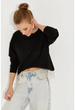 Kadın Siyah Zincirli Asimetrik Sweatshirt EY2664
