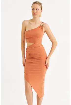 Kadın Somon Drapeli Dekolteli Midi Elbise SDY1264