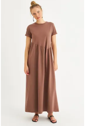 Kadın Sütlü Kahve Asimetrik Dikişli Maxi Elbise MDMR440