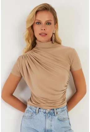 Kadın Sütlü Kahve Büzgülü Bluz LPP1287
