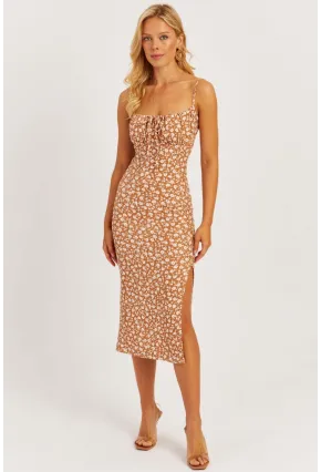 Kadın Sütlü Kahve İnce Askılı Midi Elbise MON125