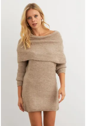 Kadın Sütlü Kahve Madonna Yaka Triko Tunik Elbise KAZ36