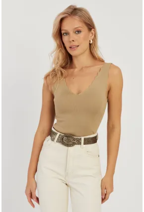 Kadın Sütlü Kahve Merdiven Yaka Triko Bluz YV83