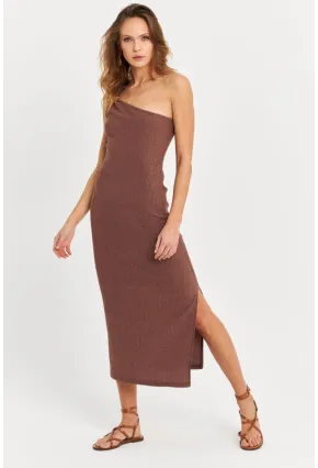 Kadın Sütlü Kahve Omuz Aksesuarlı Kolsuz Midi Elbise MOD2400