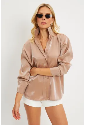 Kadın Sütlü Kahve Parlak Gömlek MQRS8022