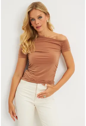 Kadın Taba Asimetrik Yaka Büzgüllü Bluz DMR332