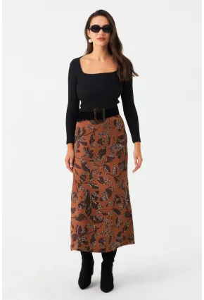 Kadın Taba Desenli Saten Etek CAR1060