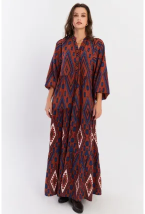 Kadın Taba Desenli Volanlı Maxi Dokuma Elbise ALO339
