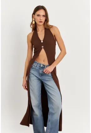 Kadın Taba Düğme Detaylı Uzun Yelek EY3048