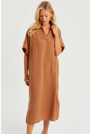 Kadın Taba Keten Midi Elbise DMR85