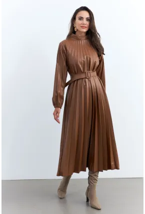 Kadın Taba Pileli Kemerli Maxi Elbise MALZ99