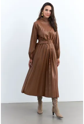 Kadın Taba Pileli Kemerli Maxi Elbise MALZ99