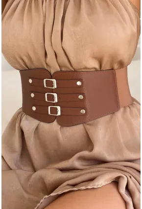 Kadın Taba Üç Tokalı Lastikli Korse Kemer BE642